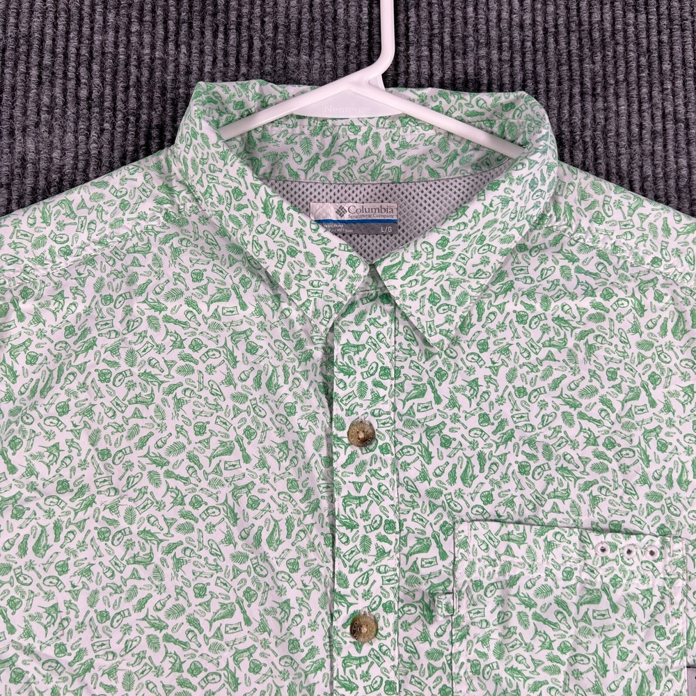 Columbia PFG Shirt Mens Large Green Geometric Short Sleeve Button Up Outdoor